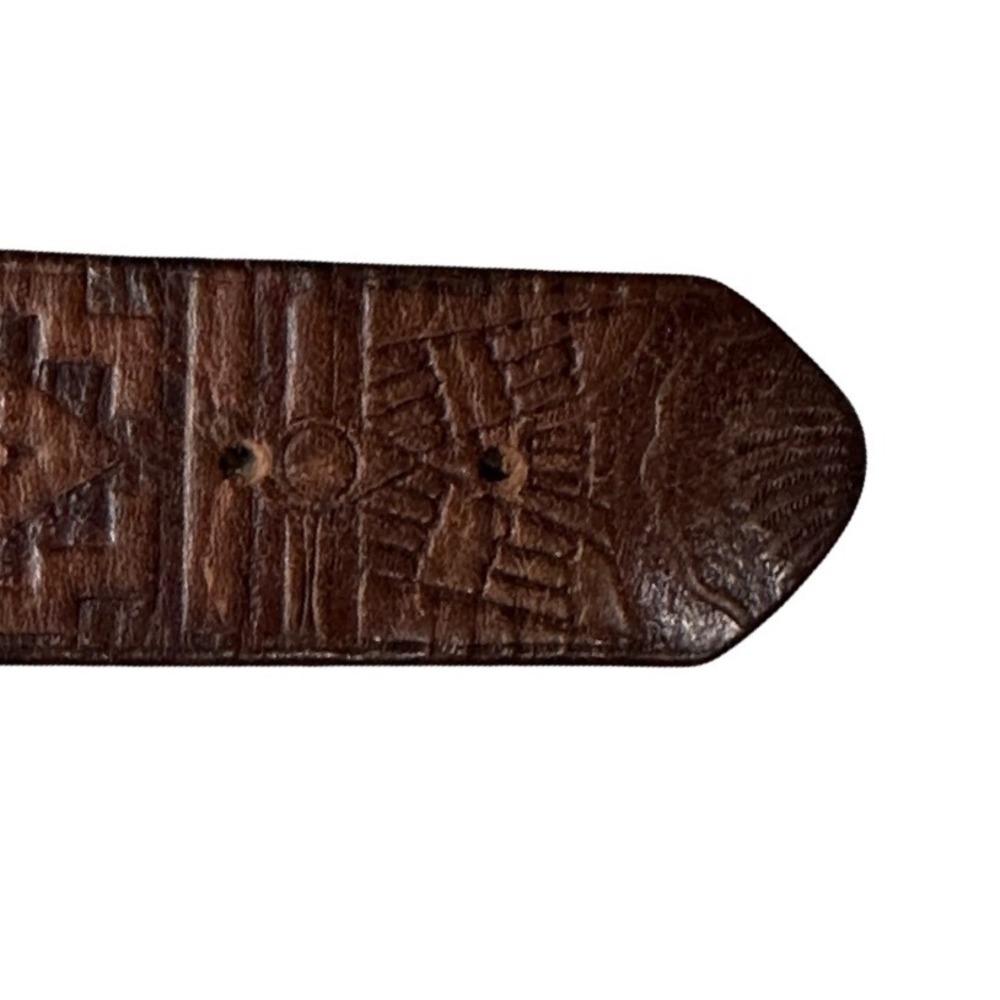 Western Men's Leather Tooled American Indian‎ Headdress Detail No Buckle Belt - Picture 9 of 13